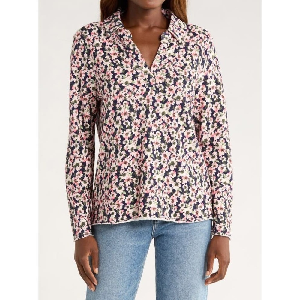 Tommy Bahama Floral Polo Top Womens XS Navy Pink‎ Cotton French Terry V-Neck